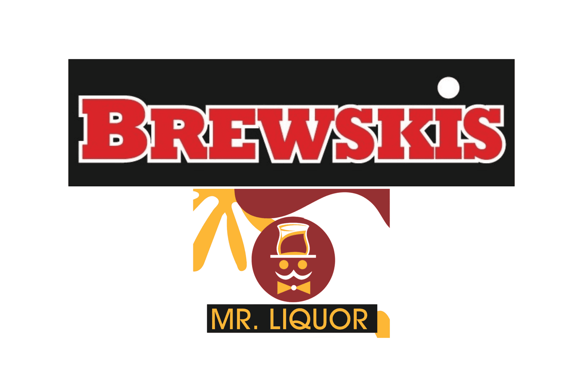 Brewski's logo above Mr. Liquor's logo featuring a stylized person in a top hat and sunglasses.